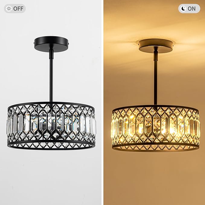Rpzloila 3-Light Crystal Ceiling Light, Modern Semi Flush Mount Light Fixture, Black Crystal Chandelier for Kitchen Bedroom Bathroom Entryway Hallway