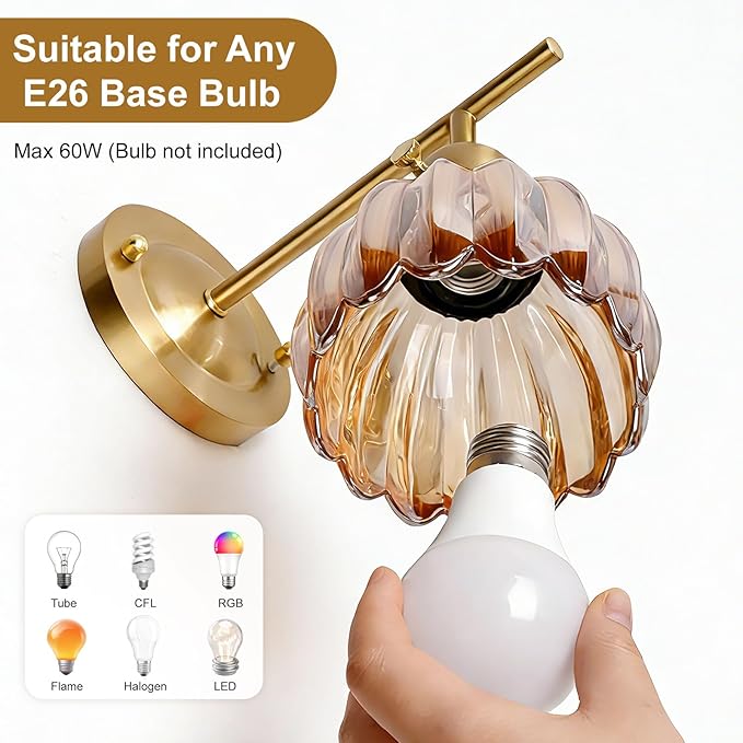 Vintage Gold Wall Sconces Set of 2 with Cute Amber Tulip Glass Lampshade, Hardwired and Wireless Wall Mounted Light Fixtures (2 Usage Methods) with Switch for Bedside Bedroom Living Room Wall Decor