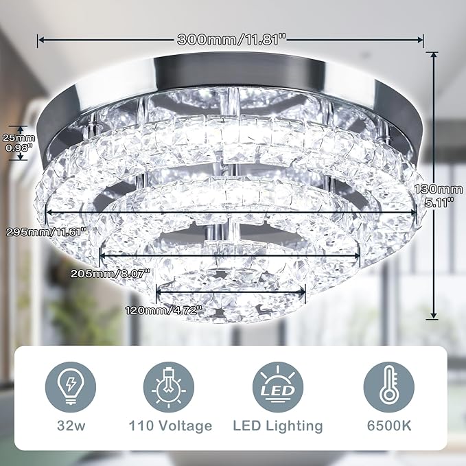 11.8" Crystal Chandeliers Modern Crystal Ceiling Light LED Chandeliers Semi Flush Mount Chandelier Ceiling Light Fixture for Bedrooms Dining Living Room Hallway (6500K Cool White)
