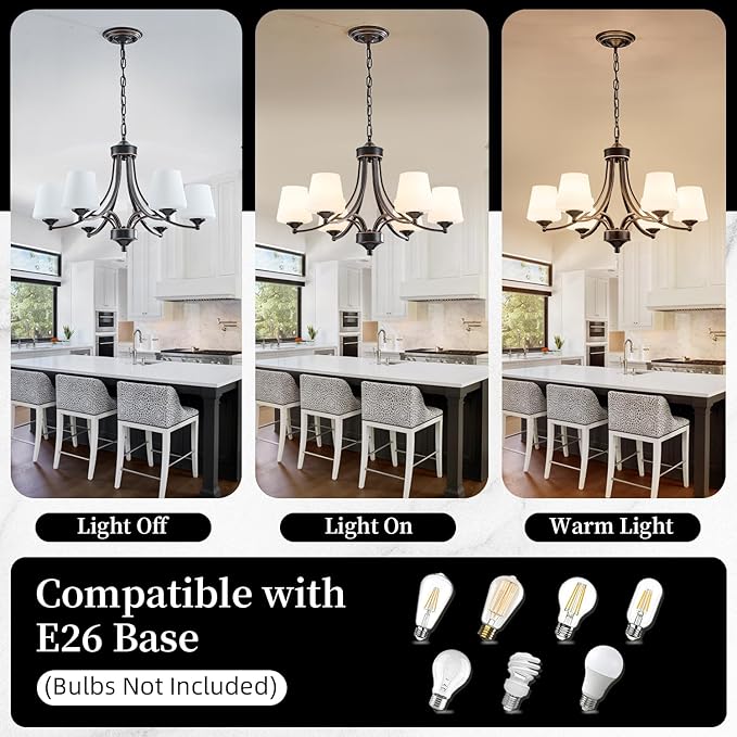 6-Light Farmhouse Chandeliers Black and Gold Dinner Room Light with Frosted Glass 47.2" Adjustable Pendant Ceilling Lighting Rustic Vintage Hanging Lamp for Kitchen Island Dining Table Living Room