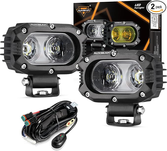 Auxbeam 4 Inch LED Light Pods, 60W Square Offroad Driving Light Super Bright 120° White Broad Flood Beam Pods Light with Off Road Wiring Harness for Wrangler Truck Pickup SUV ATV UTV (2 Pcs)