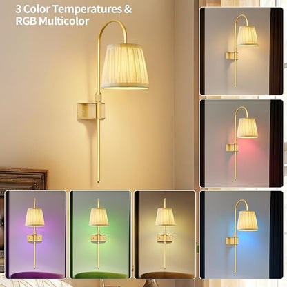 ZECOXOL Vintage Battery Operated Wall Sconces Set of 2, Gold Rechargeable Wireless Wall Lamp Lights with Fabric Lampshade & LED Remote Bulb,Dimmable Flower Wall Sconce for Bedroom Living Room Hallway