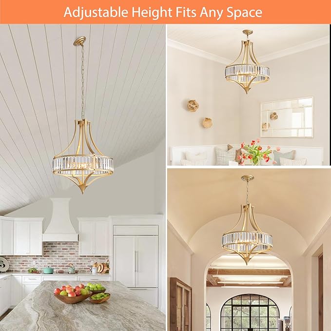 Crystal Chandeliers for Dining Room 21.6" Rustic Farmhouse Chandelier with Round Metal Shade 6-Light Large Gold Dining Room Light Fixture for Kitchen, Hallway, Bedroom, Foyer