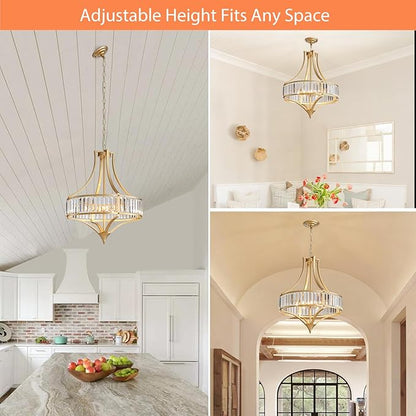 Crystal Chandeliers for Dining Room 21.6" Rustic Farmhouse Chandelier with Round Metal Shade 6-Light Large Gold Dining Room Light Fixture for Kitchen, Hallway, Bedroom, Foyer