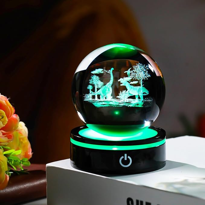 YWHL 3D Dinosaur Figurine Crystal Ball with Colorful Light Base, Dinosaur Gifts for Women Men on Christmas Birthday, 3D Laser Engraved Dinosaurs Full Sphere Glass Ball for Home Office Decor (80mm)