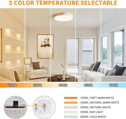 Modern Dimmable White LED Ceiling Light, 2700 K - 6000 K 5CCT Wood Flush Mount Ceiling Lighting Fixtures, Minimalist Round Ceiling Lamp for Living Room Bedroom Kitchen Hallway（15.8in）