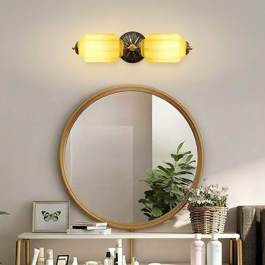 Vintage Bathroom Vanity Light - 2-Light Milk Glass Sconce with Antique Brass Finish & Green Shade, Wall Sconce Lighting for Bathroom Mirror, Hallway, Living Room, Bedroom