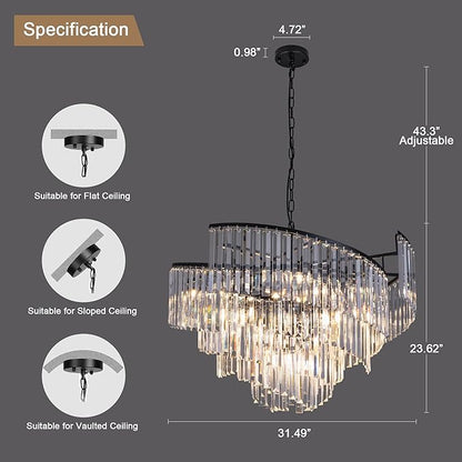 TOCHIC Black Crystal Chandeliers, 9 Lights Modern Farmhouse Chandeliers for Bedroom, Dining Room Light Fixture Spiral Design, High Ceiling Chandelier for Living Room, Entryway, 31.49" L
