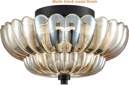 HYDELITE Modern Black Flush Mount Ceiling Light 3-Light Close to Ceiling Light Fixtures with Scalloped Amber Glass Shade for Living Room Entryway
