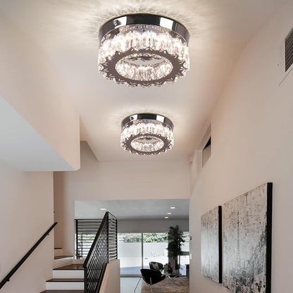 Dimmable LED Crystal Ceiling Light with Remote Mini Round LED Crystal Chandeliers Modern Flush Mount Ceiling Light Fixture Hallway Light Bedroom Bathroom Kitchen Office
