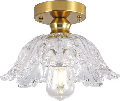 Vintage Flush Mount Ceiling Light with Clear Embossed Glass Shade, Brass Finish Ceiling Light Fixture, Semi Flush Mount Ceiling Light for Hallway Bedroom Entryway.Bulbs Not Included