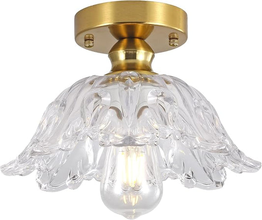 Vintage Flush Mount Ceiling Light with Clear Embossed Glass Shade, Brass Finish Ceiling Light Fixture, Semi Flush Mount Ceiling Light for Hallway Bedroom Entryway.Bulbs Not Included