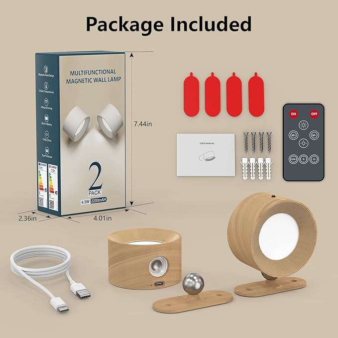 Kitloo LED Wall Sconces, Rechargeable Wall Mounted Lamps w/Remote, 360°Magnetic Rotating Wall Lights 3 Color Temps & Touch Control, Dimmable Cordless Lights for Study Bedside Bedroom Hallway 2 Pack