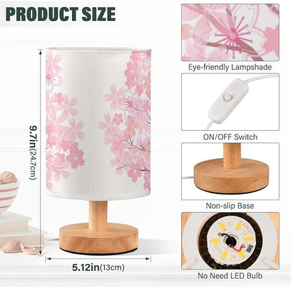 Table Lamp Pink Cherry Blossom Tree Spring Flower Nightstand Lamp with Wood Base Fabric Lamp Shade Bedside Desk Lamp for Living Room Bedroom Kids Room Office