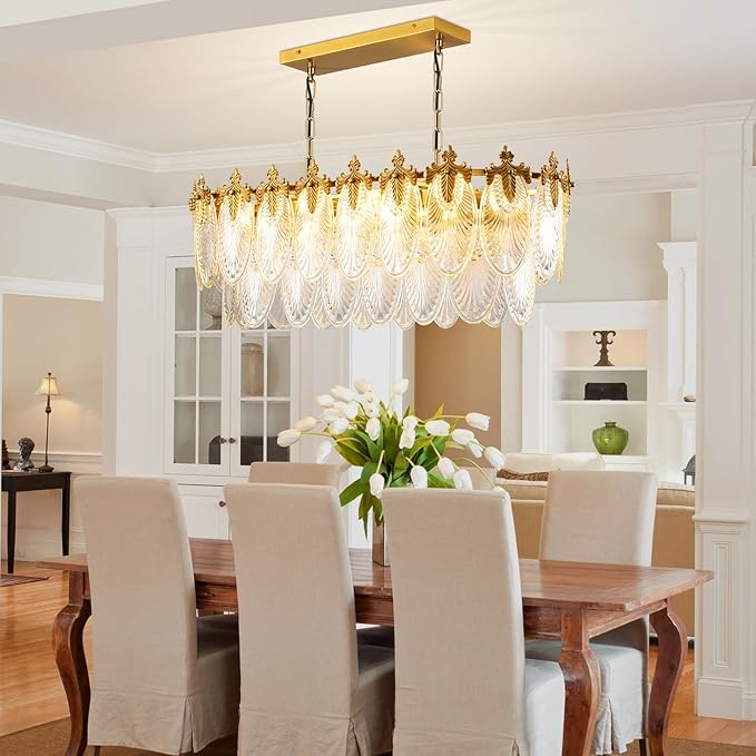 KELUOLY Rectangular Crystal Glass Dining Room Chandelier, 8 Light Gold Chandeliers Lighting Fixture, L33.5'' Height Adjustable Oval Ceiling Pendant Light for Office Coffee Over Table Kitchen Island