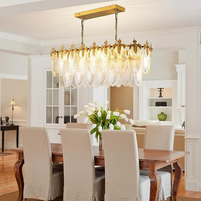 KELUOLY Rectangular Crystal Glass Dining Room Chandelier, 8 Light Gold Chandeliers Lighting Fixture, L33.5'' Height Adjustable Oval Ceiling Pendant Light for Office Coffee Over Table Kitchen Island