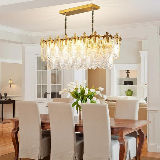 KELUOLY Rectangular Crystal Glass Dining Room Chandelier, 8 Light Gold Chandeliers Lighting Fixture, L33.5'' Height Adjustable Oval Ceiling Pendant Light for Office Coffee Over Table Kitchen Island