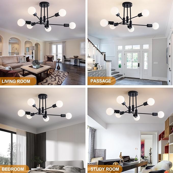 20.5 Inch Black Sputnik Ceiling Light Fixture 6-Light Black Sputnik Chandeliers, Mid Century Chandelier Modern Chandelier for Dining Room, Living Room, Bedroom, E26 Base