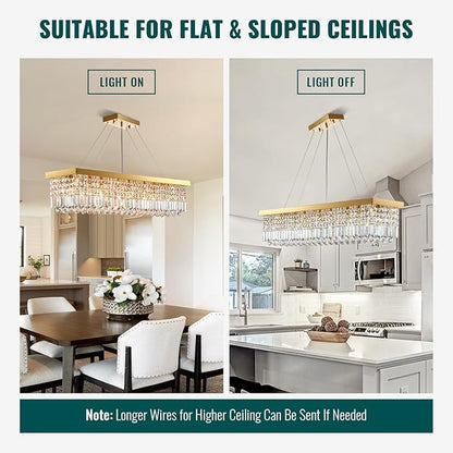 Siljoy 8-Light Modern Crystal Chandelier, 40'' Gold Rectangular K9 Crystal Raindrop Chandelier, Luxury Dimmable Crystal Ceiling Light for Living Dining Room Kitchen Island L40'' x W10'' x H10''