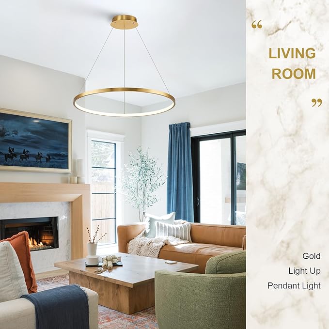 Brushed Gold LED Ring Chandelier 1-Ring 24" Remote Control Dimmable Flush Mount Pendant Chandelier for Dinning Room Office Kitchen Living Room,3000-6500K