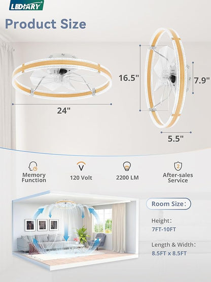 LEDIARY Ceiling Fans with Lights and Remote, 24'' Low Profile Ceiling Fan with Light, 3000-6000K Dimmable Fandelier Ceiling Fans, Modern Flush Mount Fan for Bedroom with 6 Wind Speeds- Wood Grain