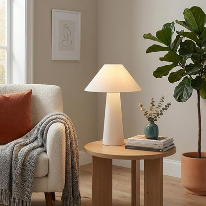 Novogratz x Globe 18" Ceramic Table Lamp, Matte Cream, Off-White Tapered Fabric Shade, in-Line Rocker Switch, 5 Ft. Clear Cord, Home Office, Desk, Living Room