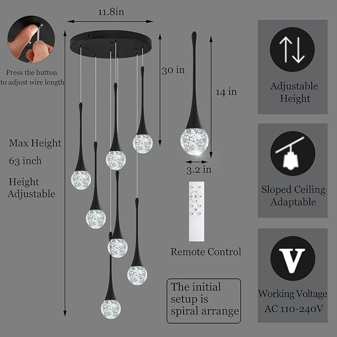 Modern Black Crystal Chandelier for Kitchen Island 7-Lights, Luxury Spiral Dimmable LED Bubble Raindrop Pendant Lighting Fixture for Dining Room Foyer Entryway Bedroom