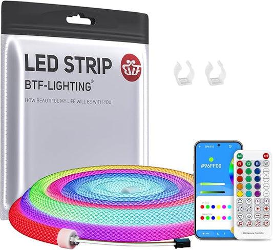 BTF-LIGHTING 3.2FT WS2811 WS2812B IC RGB DC5V 360 Degree Round Reticulate Chasing Color Neon LED Strip Kit Bluetooth Controller Flexible Silicone IP67 Waterproof Rope Light for Home Decor(No Adapter)