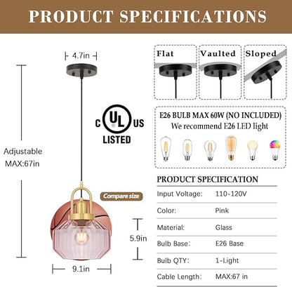 9in Mid Century Modern Pink Glass Pendant Light Fixture, Small Gold Kitchen Island Pendants Light Glass Ceiling Hanging Lamp for Foyer Dining Room Bedroom Entryway Hallway Over Sink