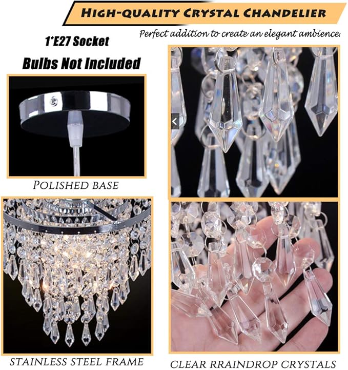FRIXCHUR Mini Crystal Chandelier Lighting Fixture Flush Mount Ceiling Light Shade Chrome Lampshade Crystal Pendant Light for Hallway Girls Room Closet Dining Room Bathroom E26