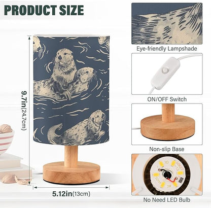 Bedside Table Lamp Sea Otter Animal Blue Nightstand Lamp with Wood Desk Lamps for Bedroom Living Room Nursery Office Home Decor