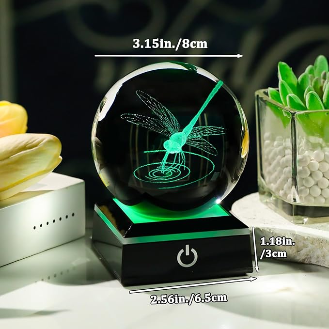 Arikyrist 3D Dragonfly Crystal Ball Figurine with LED Base, Dragonfly Gifts for Men Women on Christmas Birthday, Glass Statue Glass Animals Insect Sphere Decorative Ball for Home Decor (80mm)