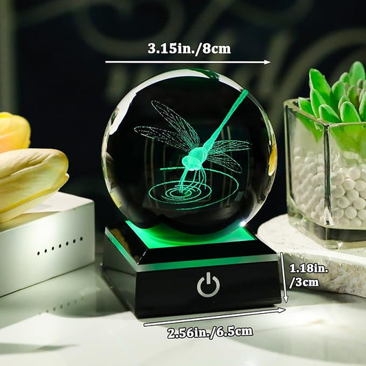 Arikyrist 3D Dragonfly Crystal Ball Figurine with LED Base, Dragonfly Gifts for Men Women on Christmas Birthday, Glass Statue Glass Animals Insect Sphere Decorative Ball for Home Decor (80mm)