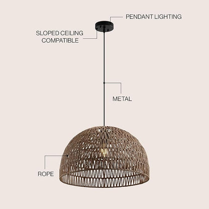 JONATHAN Y 20" Brown Modern Bohemian Woven Rope LED Pendant Light Fixture, Adjustable Dome Ceiling Lamp for Kitchen Island, Rope Shade, Coastal Farmhouse Decor (JYL6504F)