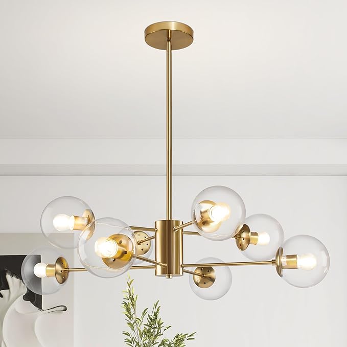 Bagood 8-Light Globe Sputnik Chandelier Modern Gold Sputnik Chandelier Mid Century Globe Pendant Light Brushed Brass Finished with Clear Glass Lampshade Chandeliers for Kitchen Bedroom