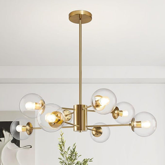 Bagood 8-Light Globe Sputnik Chandelier Modern Gold Sputnik Chandelier Mid Century Globe Pendant Light Brushed Brass Finished with Clear Glass Lampshade Chandeliers for Kitchen Bedroom