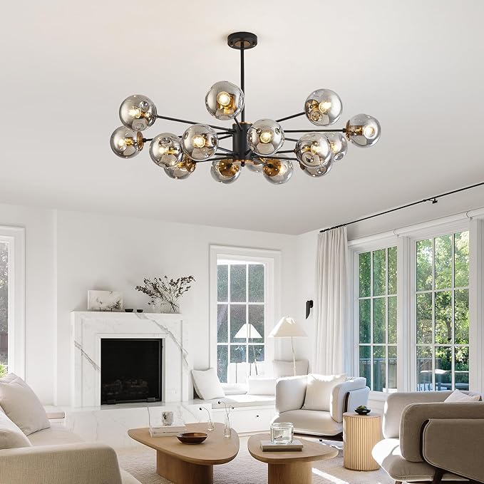 DDLLDESHI 16 Light Chandelier Sputnik Ceiling Light Fixture with Glass Globe Bubble Black Chandeliers for Dining Room Bedroom Kitchen Office Living Room Light Fixture（41" Art Deco Modern Chandelier）