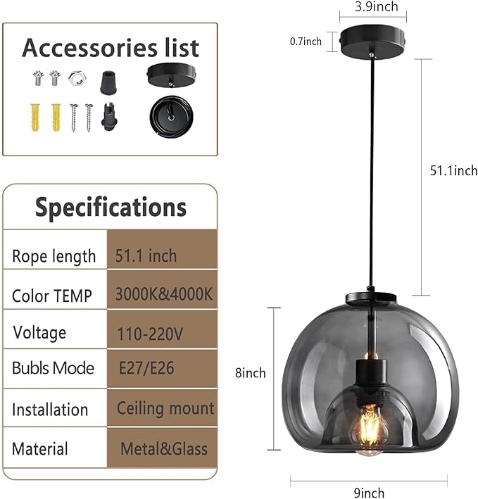 9.1in Large Smoke Glass Pendant Light for Kitchen Island, 2-Pack with Extra 2 LED Bulbs & 4.92ft Adjustable Cord | Modern Minimalist Lighting for Dining Room, Living Room, Entryway