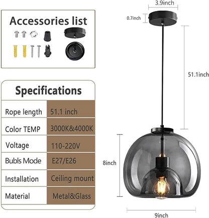 9.1in Large Smoke Glass Pendant Light for Kitchen Island, 2-Pack with Extra 2 LED Bulbs & 4.92ft Adjustable Cord | Modern Minimalist Lighting for Dining Room, Living Room, Entryway