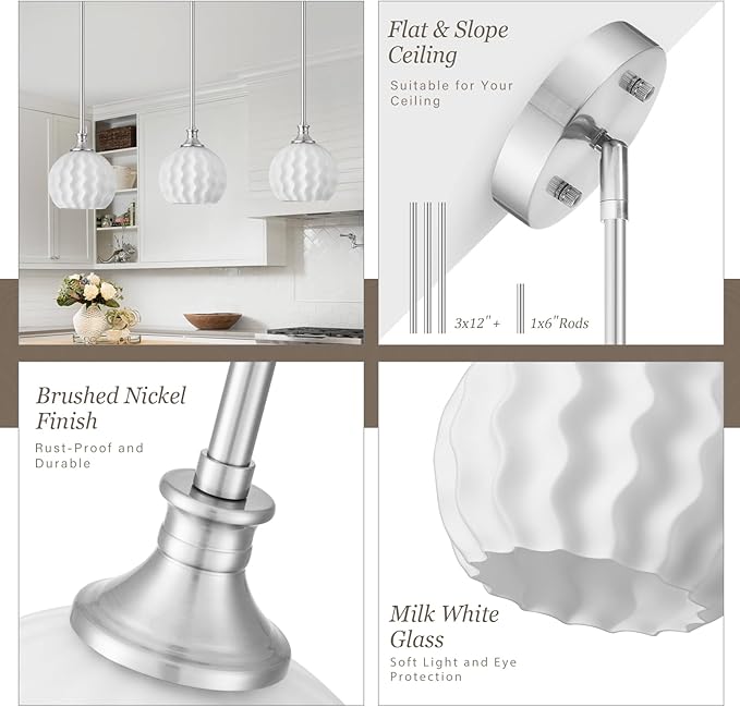 Brushed Nickel Pendant Lights Kitchen Island, 7.3" 1-Light Modern Milk Glass Globe Light Fixtures with Adjustable Rods, Hanging Ceiling Lighting for Sink, Hallway (E26 Base)