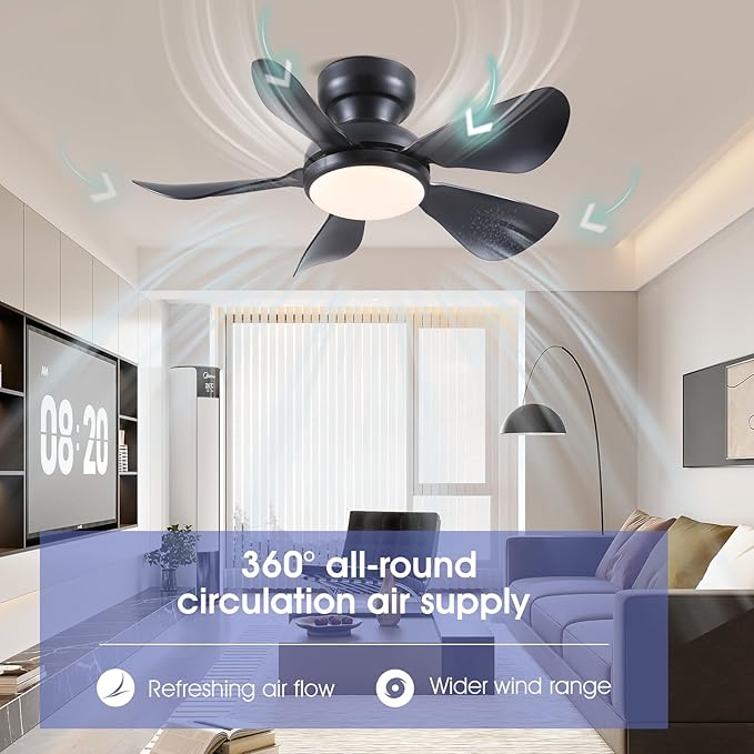 Kviflon 32 Inch Modern Ceiling Fans with Lights, Small Flush Mount Ceiling Fan with Light and Remote/APP Control, 5 Reversible 6 Speeds Curved Blades, 3 CCT Dimmable Lights for Bedroom, Black