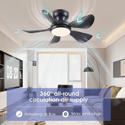 Kviflon 32 Inch Modern Ceiling Fans with Lights, Small Flush Mount Ceiling Fan with Light and Remote/APP Control, 5 Reversible 6 Speeds Curved Blades, 3 CCT Dimmable Lights for Bedroom, Black