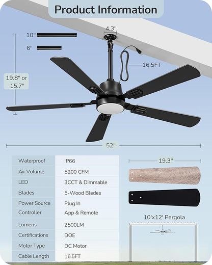 EDISHINE 52" Outdoor Ceiling Fan with Light, IP66 Waterproof Gazebo Hanging Fan, 5200 CFM, 3CCT, APP/Remote Control, 5 Wood Blade, 6-Speed Winds, Plug in Ceiling Fans for Patios Porch Pergola, Black
