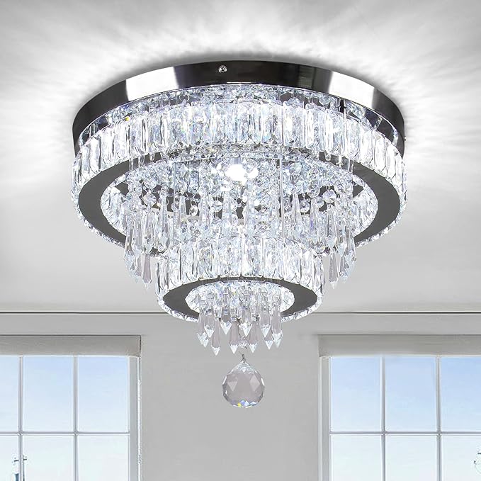 16" Crystal Chandeliers LED Crystal Ceiling Light Fixtures Flush Mount Ceiling Light Modern Chandelier Lights for Living Room Bedrooms Dining Room (6500K Cool White)
