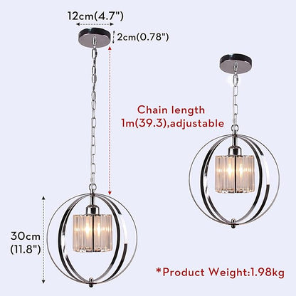 FRIXCHUR Farmhouse Chandelier Crystal Pendant Light Adjustable Hanging Light Fixtures Orb Globe Chandeliers for Kitchen Island Dining Room Foyer Bedroom (Chrome)