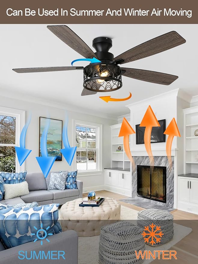 52 Inch Farmhouse Ceiling Fan with Lights Remote Modern Caged Chandelier Fan Rustic Fandelier, 5 Dual Blades, Reversible Quiet DC Motor 6 Speeds for Bedroom Patio (Metal Cage)