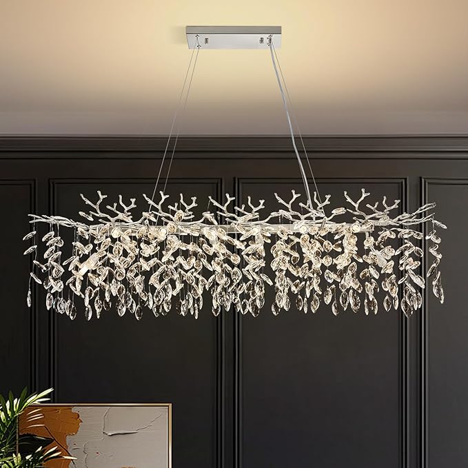 Modern Tree Branch Crystal Chandelier 47.2" Sliver Large Rectangular Pendant Lighting 14-Light K9 Crystal Chandeliers for Dining Room Kitchen Living Room Foyer Entryway (Sliver, L47.2"-Rectangle)