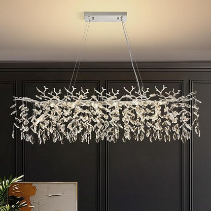 Modern Tree Branch Crystal Chandelier 47.2" Sliver Large Rectangular Pendant Lighting 14-Light K9 Crystal Chandeliers for Dining Room Kitchen Living Room Foyer Entryway (Sliver, L47.2"-Rectangle)