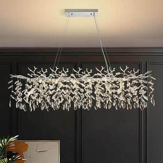 Modern Tree Branch Crystal Chandelier 47.2" Sliver Large Rectangular Pendant Lighting 14-Light K9 Crystal Chandeliers for Dining Room Kitchen Living Room Foyer Entryway (Sliver, L47.2"-Rectangle)