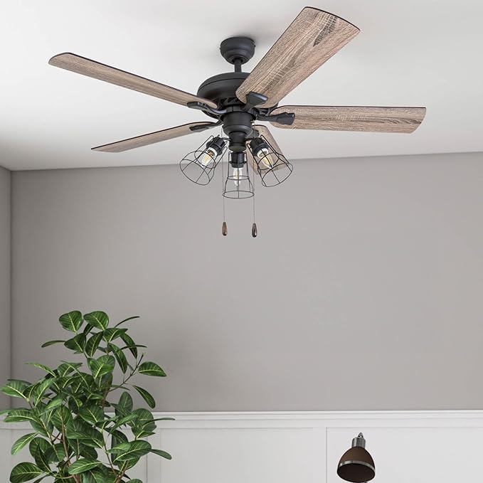 Prominence Home Lincoln Woods, 52 Inch Industrial Style LED Ceiling Fan with Light, Remote Control, Three Mounting Options, 5 Dual Finish Blades, Reversible Motor - 50745-01 (Bronze)